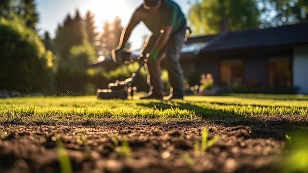 Eine Person mäht den Rasen in einem sonnigen Garten.